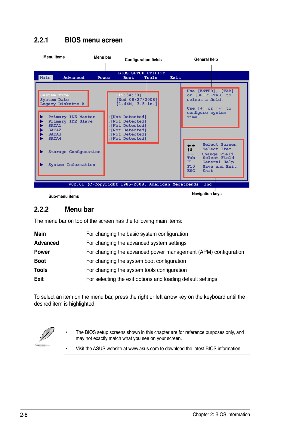 1 bios menu screen, 2 menu bar, Bios menu screen -8 | Menu bar -8, 1 bios menu screen 2.2.2 menu bar | Asus M3N78 SE User Manual | Page 46 / 62