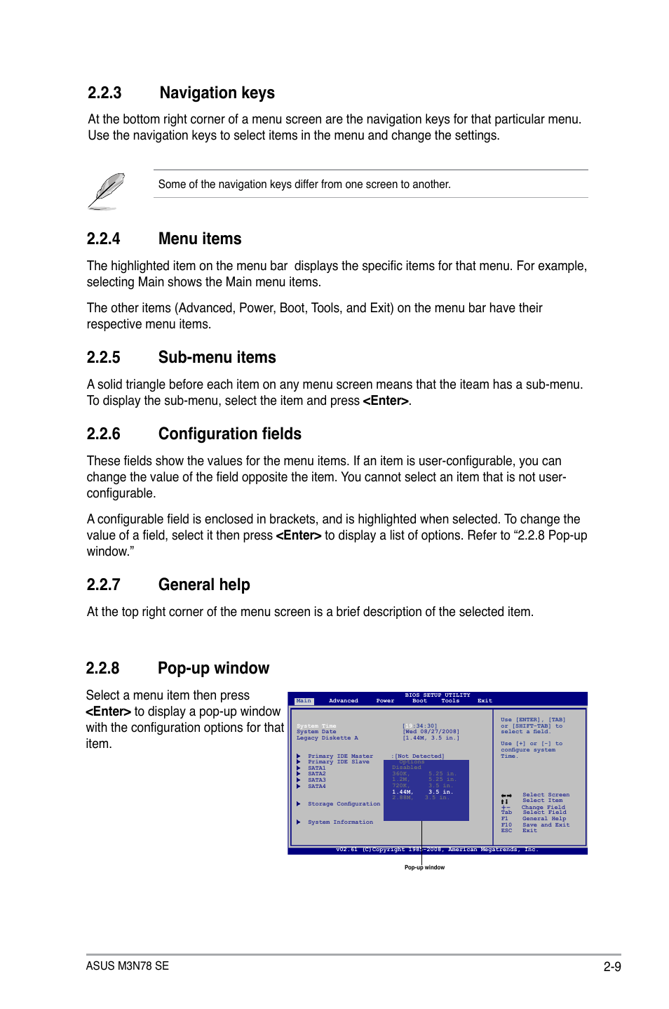 3 navigation keys, 4 menu items, 5 sub-menu items | 6 configuration fields, 7 general help, 8 pop-up window, Navigation keys -9, Menu items -9, Sub-menu items -9, Configuration fields -9 | Asus M3N78 SE User Manual | Page 47 / 62