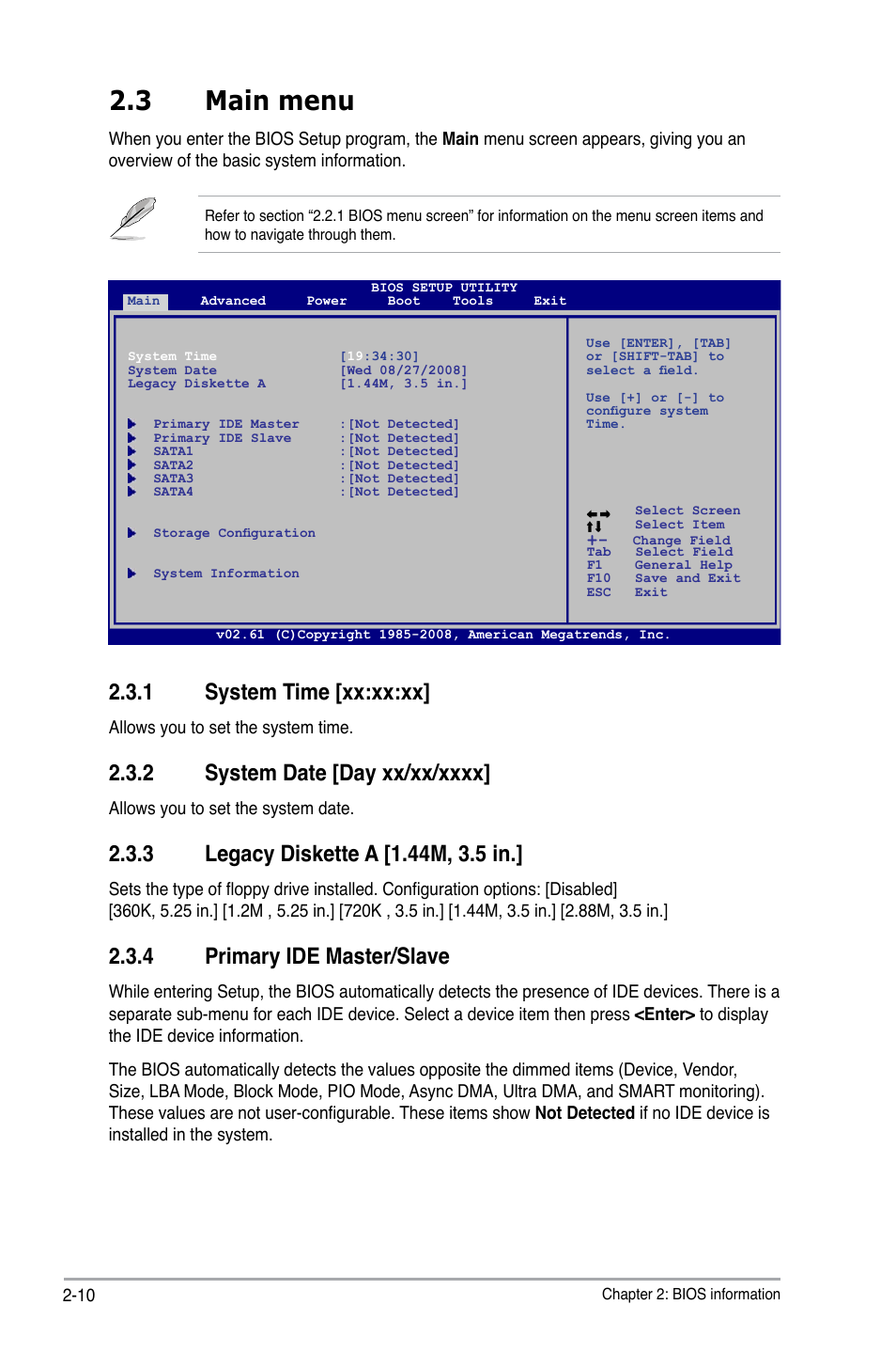 3 main menu, 1 system time, 2 system date | 3 legacy diskette a, 4 primary ide master/slave, Main menu -10 2.3.1, System time -10, System date -10, Legacy diskette a -10, Primary ide master/slave -10 | Asus M3N78 SE User Manual | Page 48 / 62