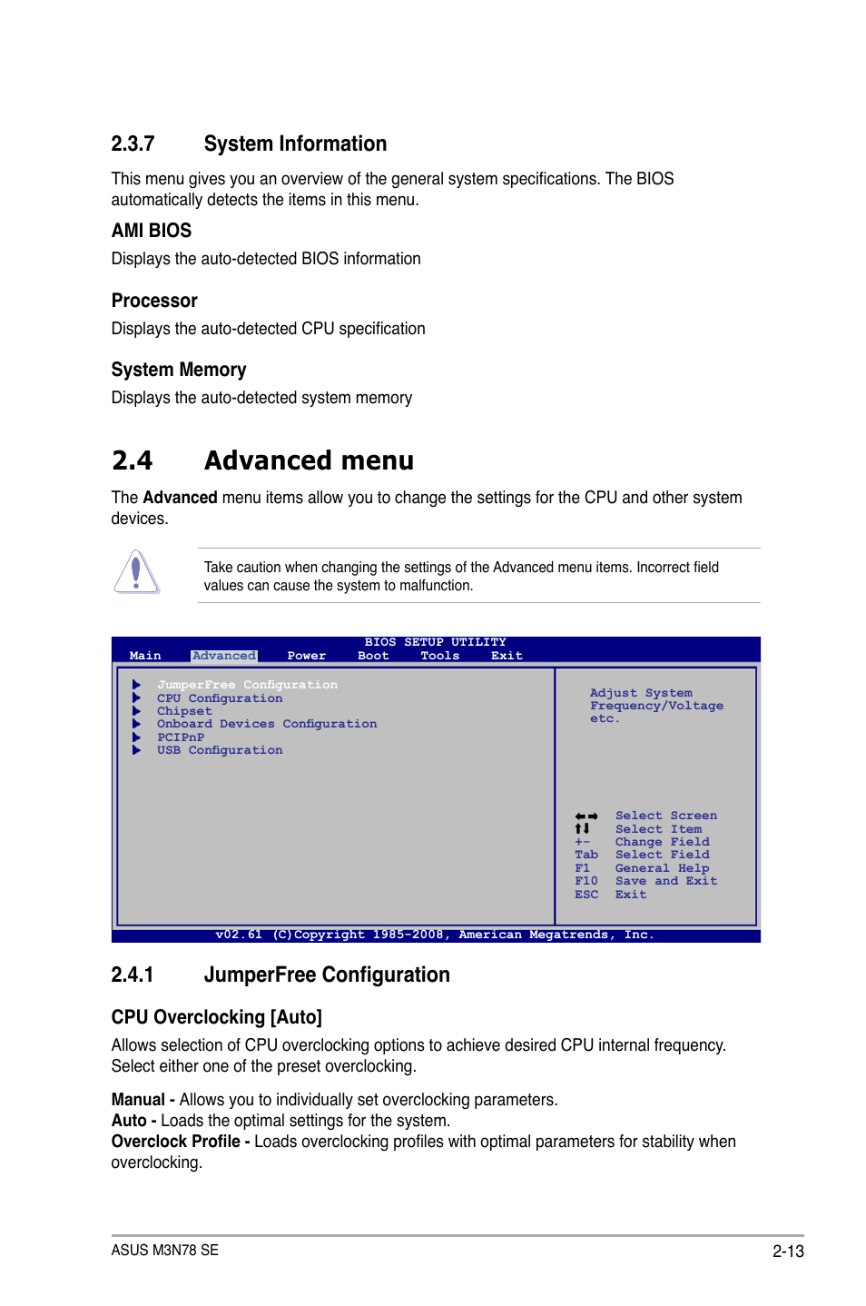 7 system information, 4 advanced menu, 1 jumperfree configuration | System information -13, Advanced menu -13 2.4.1, Jumperfree configuration -13 | Asus M3N78 SE User Manual | Page 51 / 62