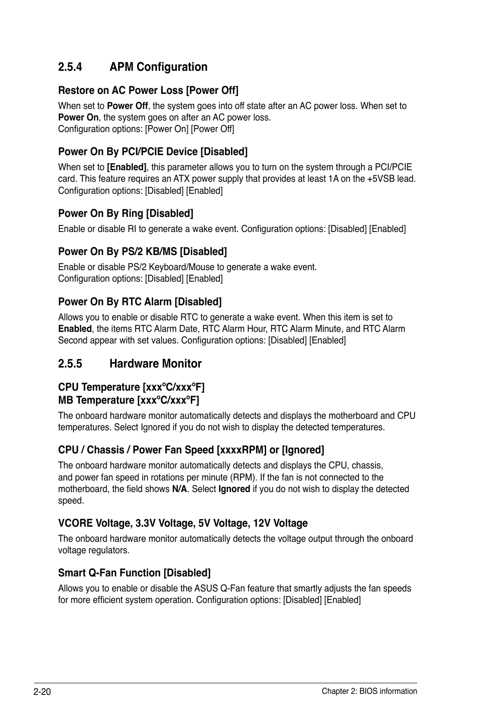 4 apm configuration, 5 hardware monitor, Apm configuration -20 | Hardware monitor -20 | Asus M3N78 SE User Manual | Page 58 / 62