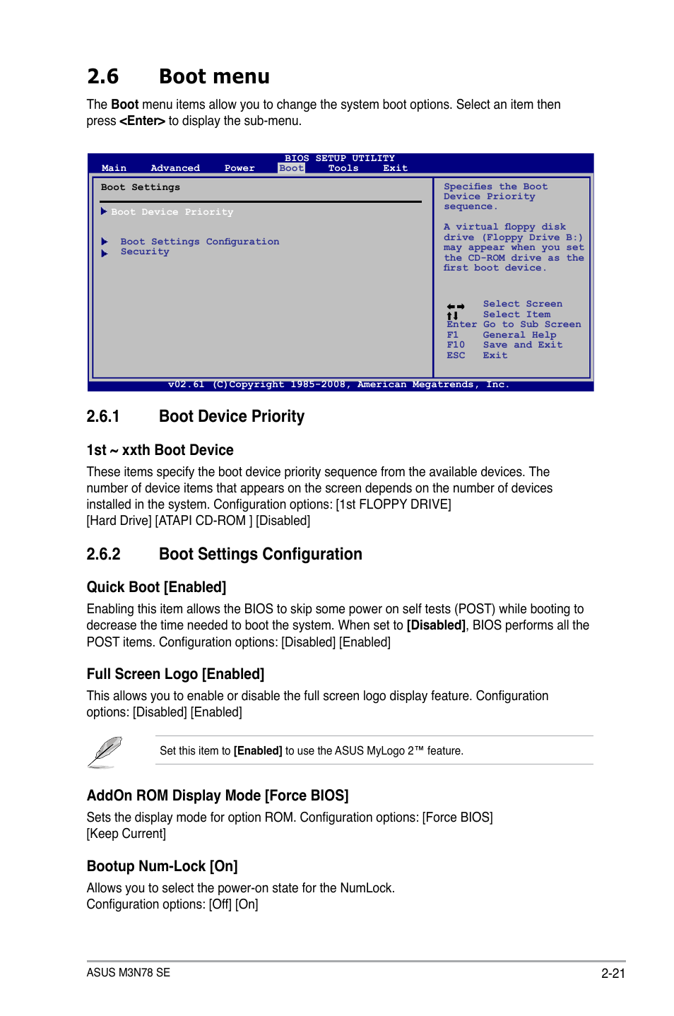 6 boot menu, 1 boot device priority, 2 boot settings configuration | Boot menu -21, Boot device priority -21, Boot settings configuration -21 | Asus M3N78 SE User Manual | Page 59 / 62
