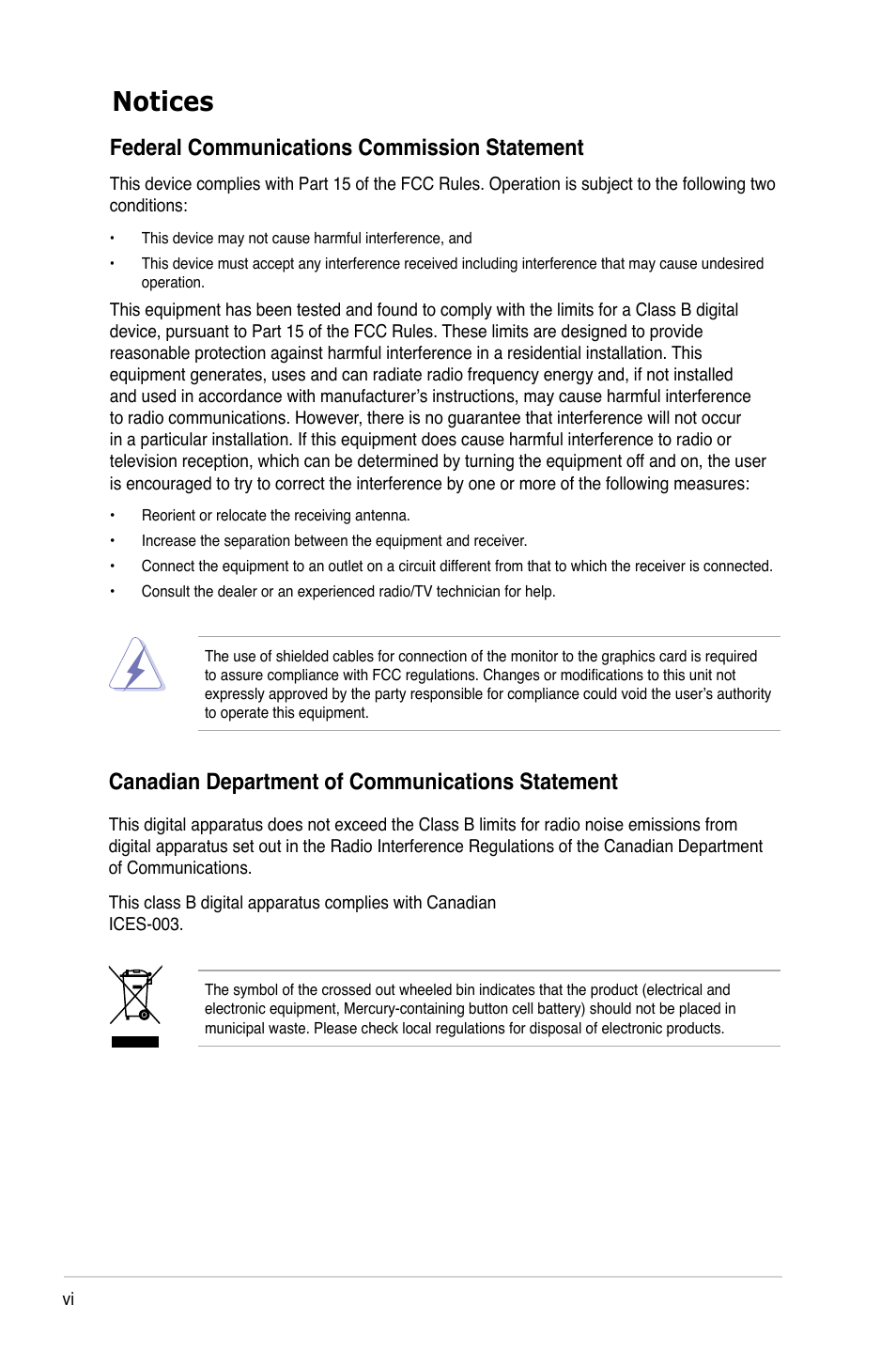 Notices, Federal communications commission statement, Canadian department of communications statement | Asus M3N78 SE User Manual | Page 6 / 62