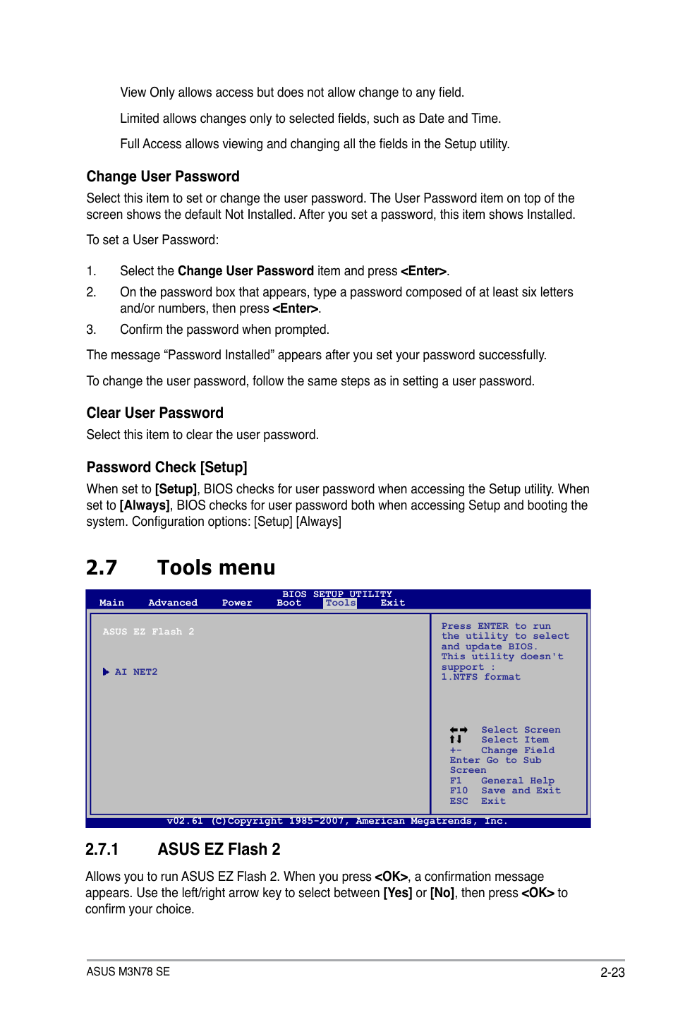 7 tools menu, 1 asus ez flash 2, Tools menu -23 2.7.1 | Asus ez flash 2 -23, Change user password, Clear user password, Password check [setup | Asus M3N78 SE User Manual | Page 61 / 62