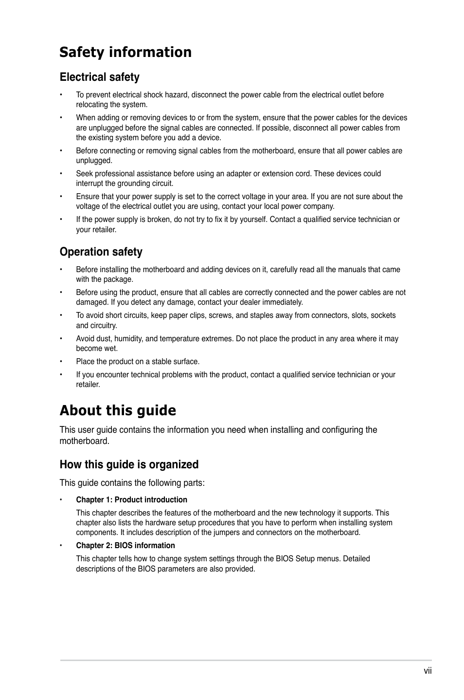 Safety information, About this guide, Electrical safety | Operation safety, How this guide is organized | Asus M3N78 SE User Manual | Page 7 / 62