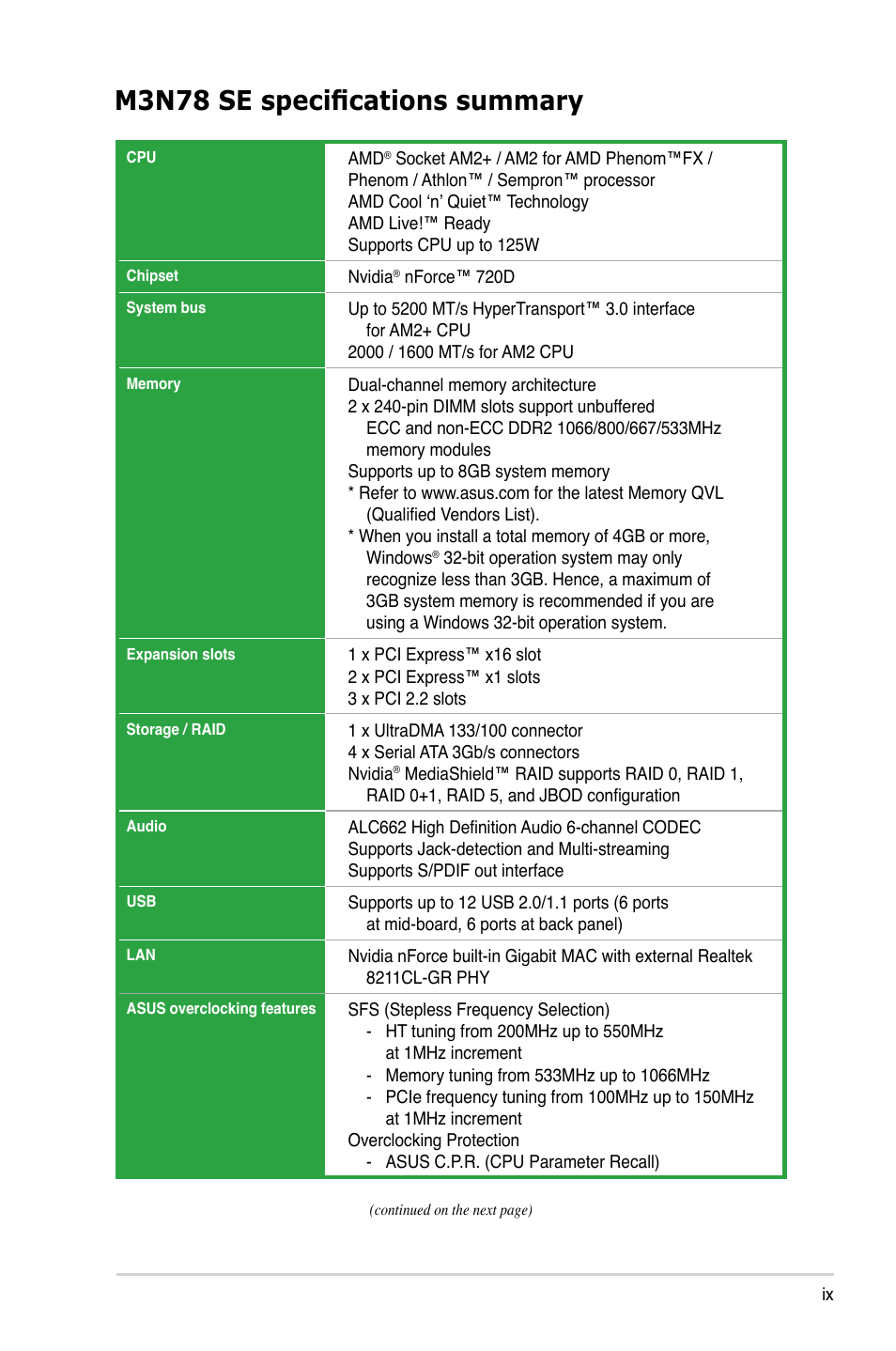 M3n78 se specifications summary | Asus M3N78 SE User Manual | Page 9 / 62