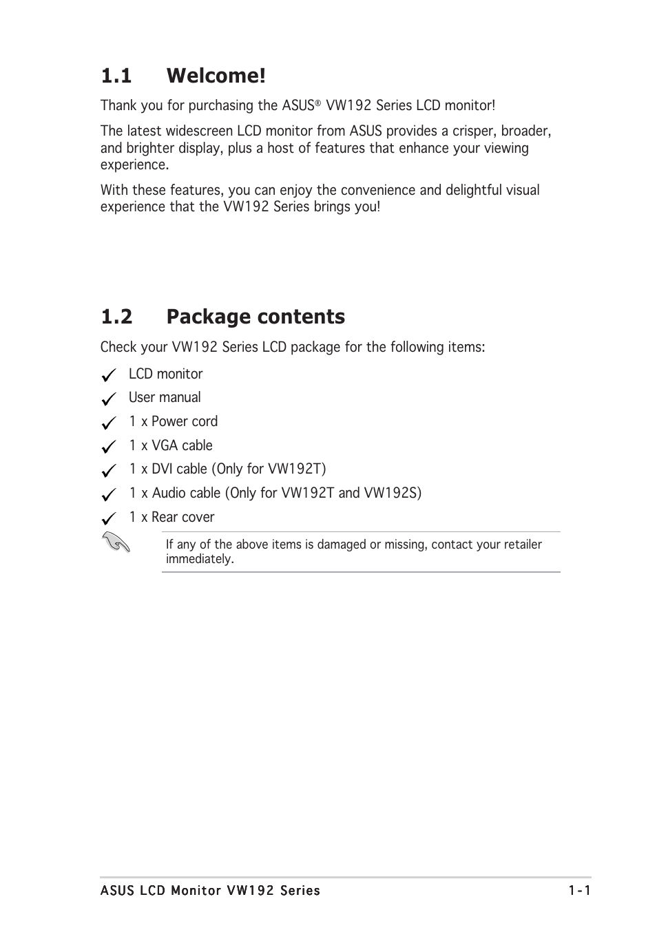 1 welcome, 2 package contents | Asus VW192T User Manual | Page 7 / 18