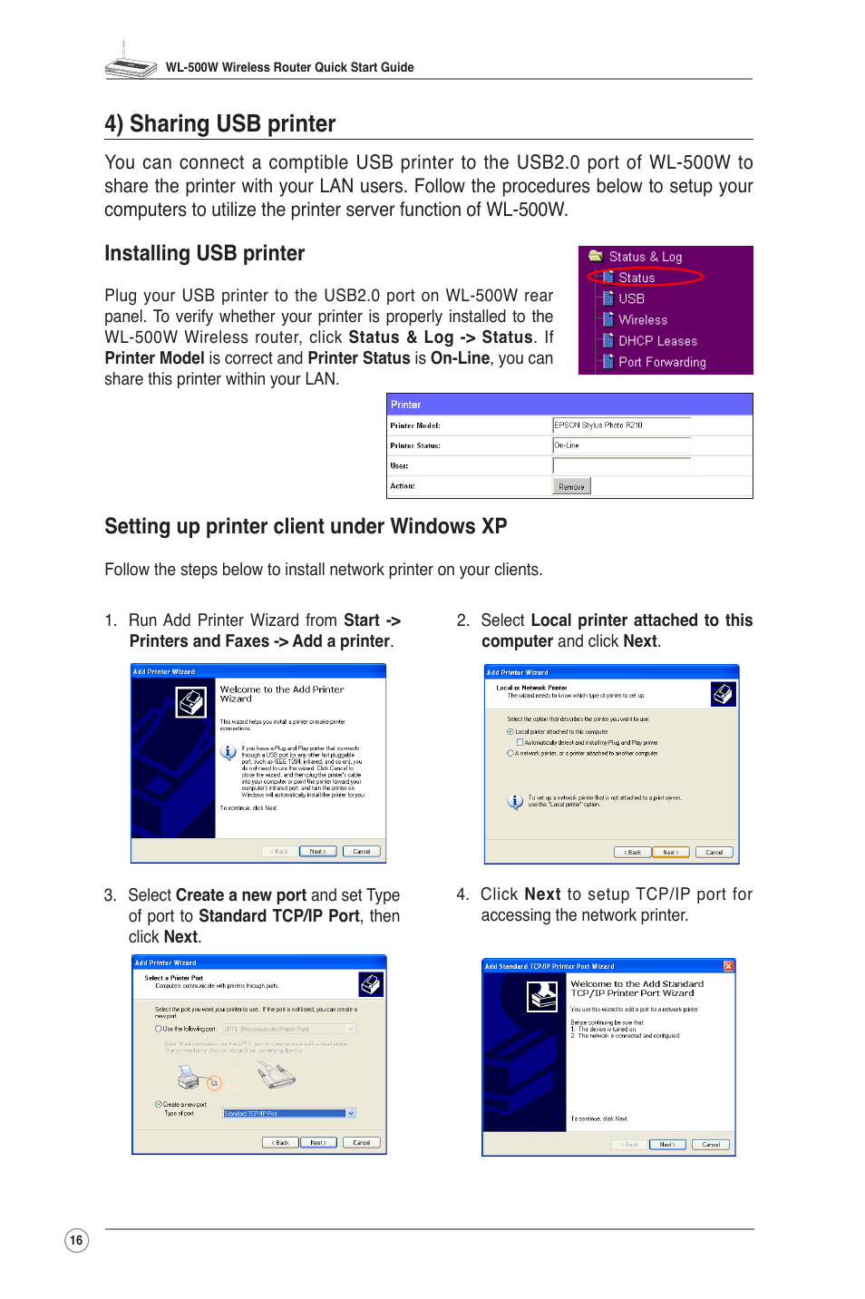 4) sharing usb printer, Installing usb printer, Setting up printer client under windows xp | Asus WL-500W User Manual | Page 18 / 20