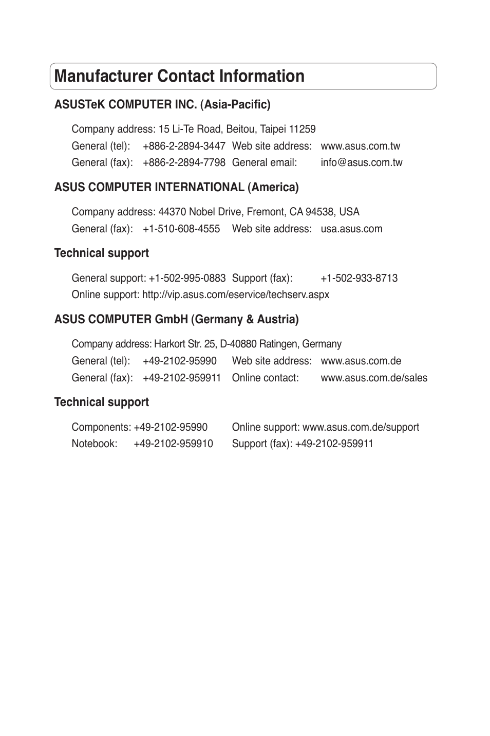 Manufacturer contact information | Asus WL-500W User Manual | Page 2 / 20