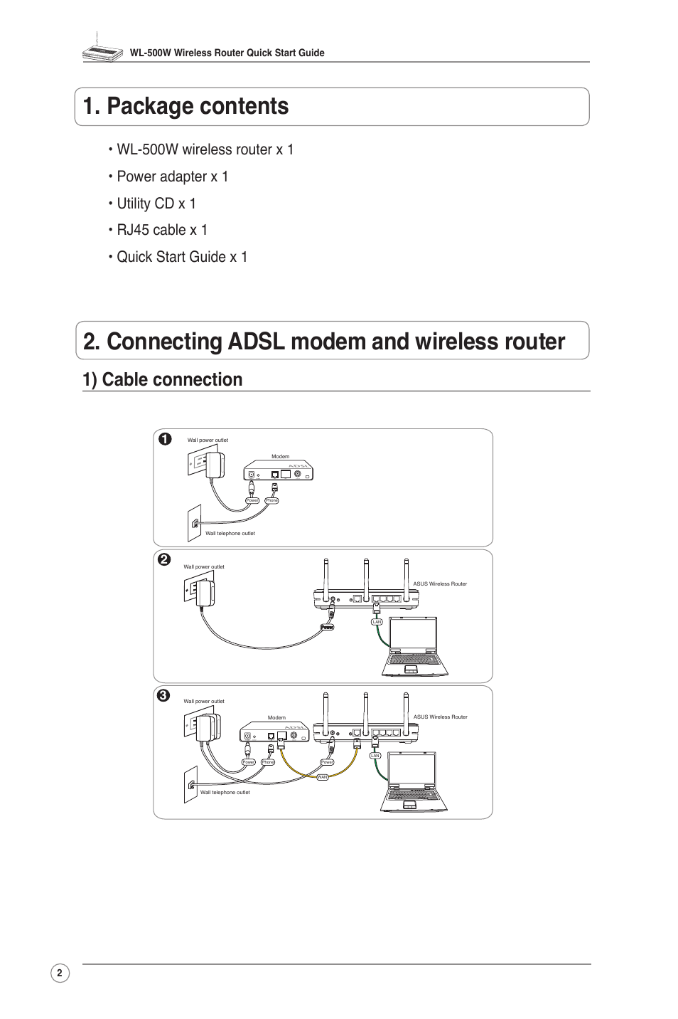 1) cable connection | Asus WL-500W User Manual | Page 4 / 20