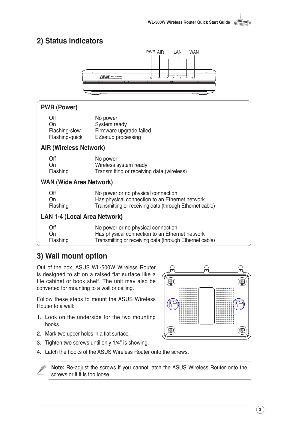 2) status indicators, 3) wall mount option | Asus WL-500W User Manual | Page 5 / 20