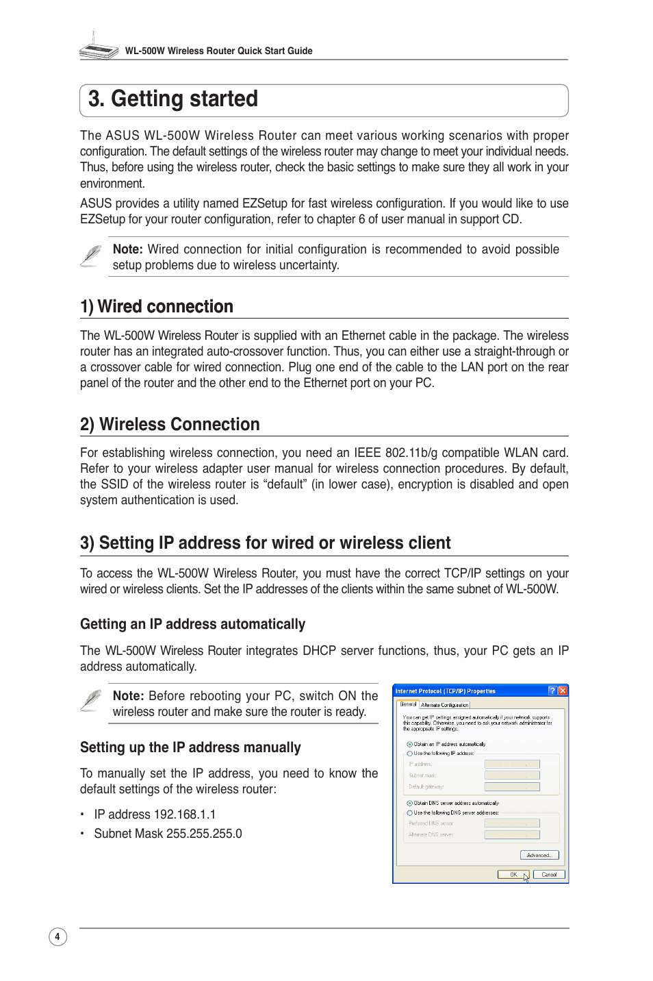 Getting started, 1) wired connection ired connection, 2) wireless connection | 3) setting ip address for wired or wireless client | Asus WL-500W User Manual | Page 6 / 20