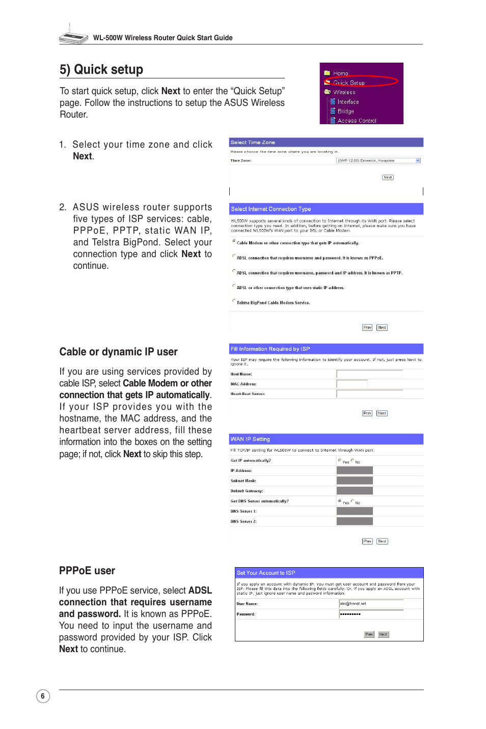 5) quick setup | Asus WL-500W User Manual | Page 8 / 20