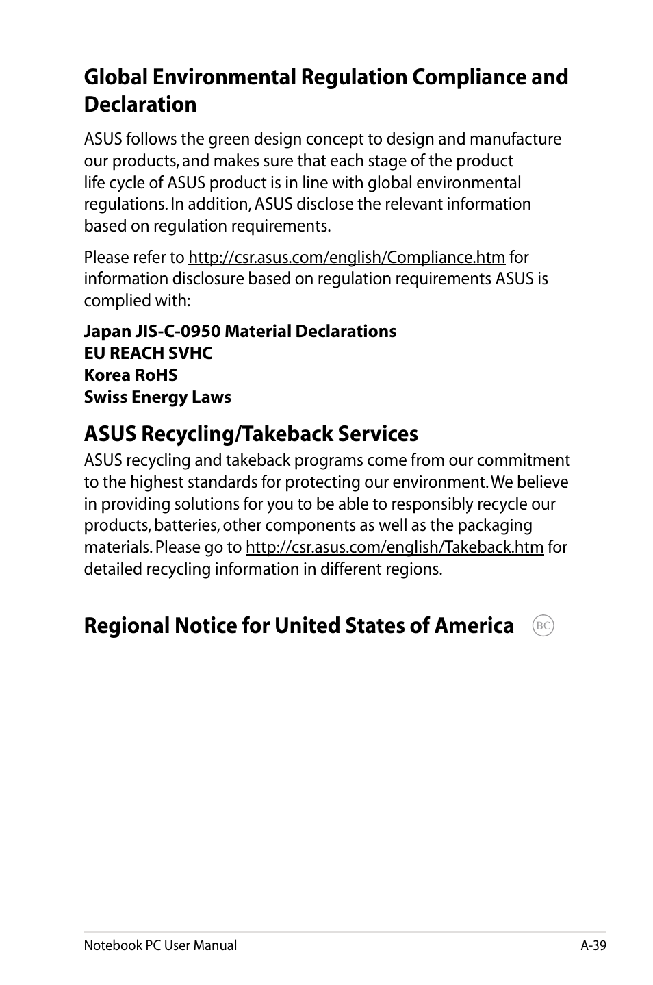 Asus recycling/takeback services, Regional notice for united states of america | Asus R501VZ User Manual | Page 115 / 118