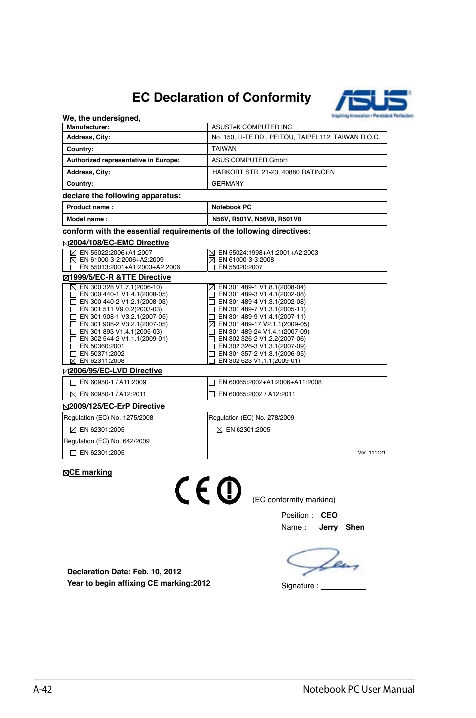 Ec declaration of conformity | Asus R501VZ User Manual | Page 118 / 118