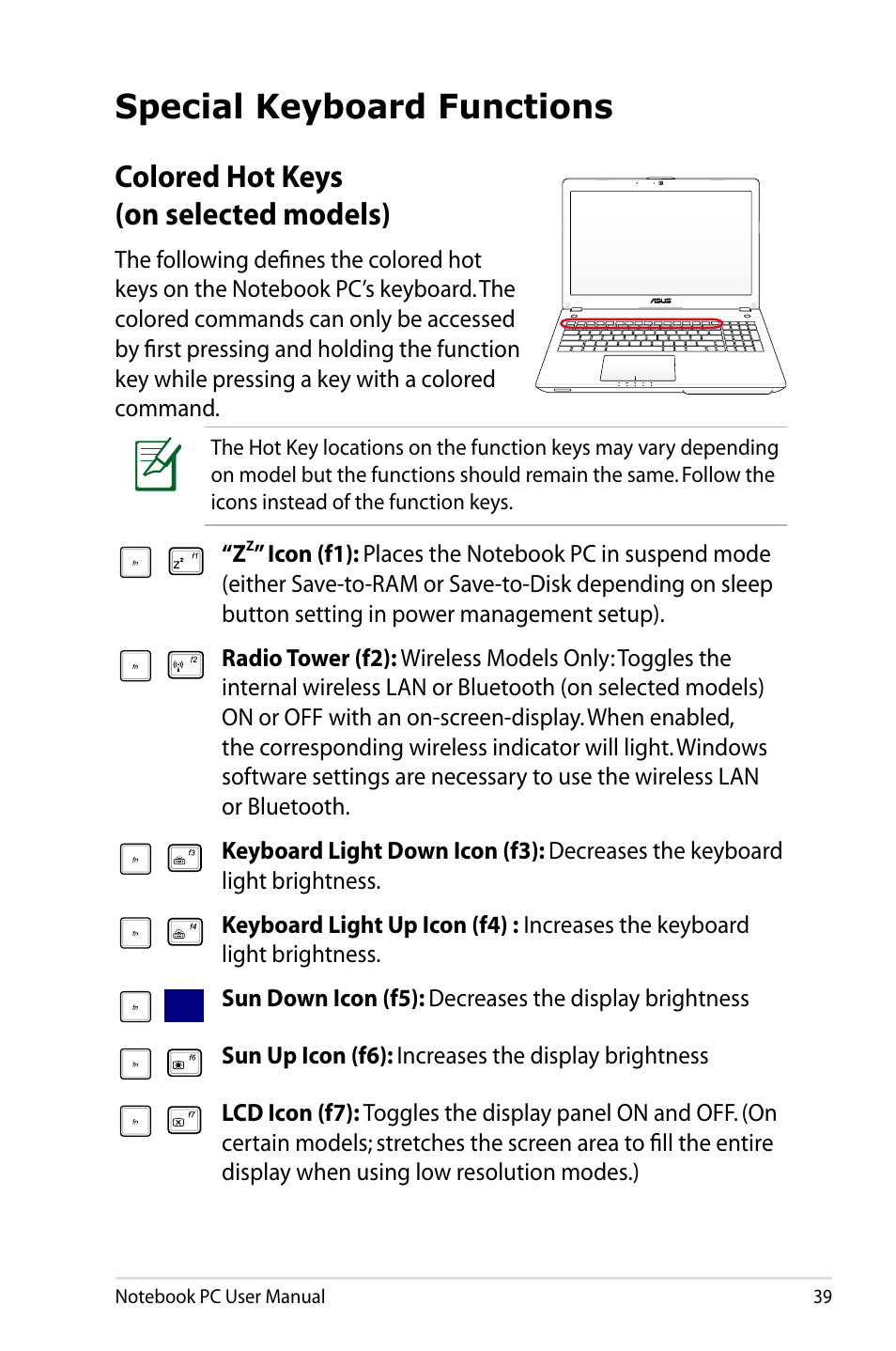 Special keyboard functions, Colored hot keys (on selected models) | Asus R501VZ User Manual | Page 39 / 118