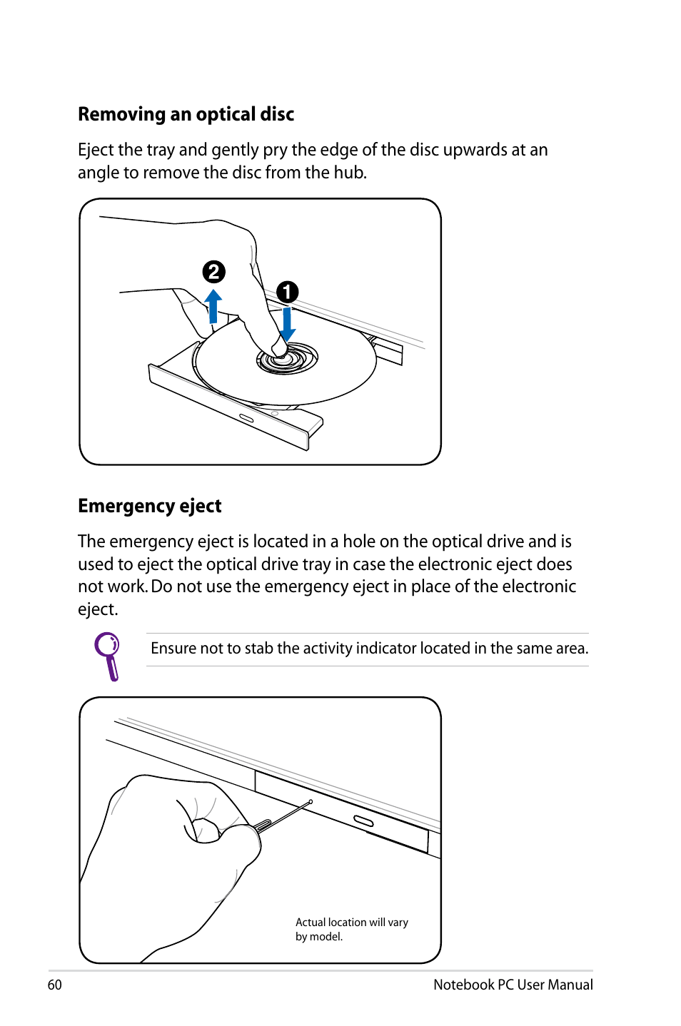 Emergency eject, Removing an optical disc | Asus R501VZ User Manual | Page 60 / 118