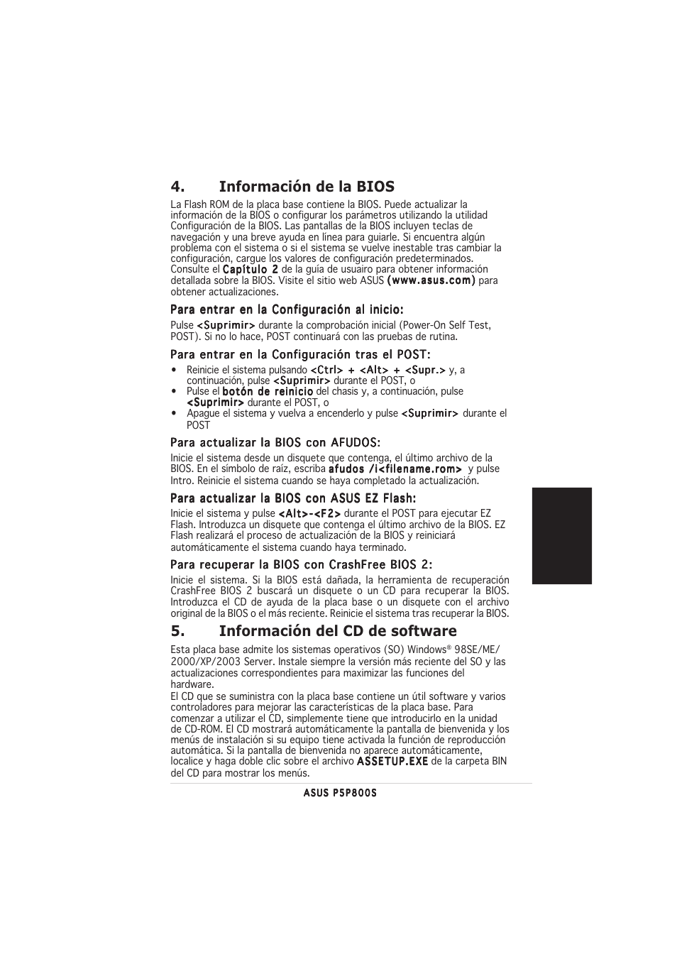 Información de la bios, Información del cd de software | Asus P5P800S User Manual | Page 13 / 20