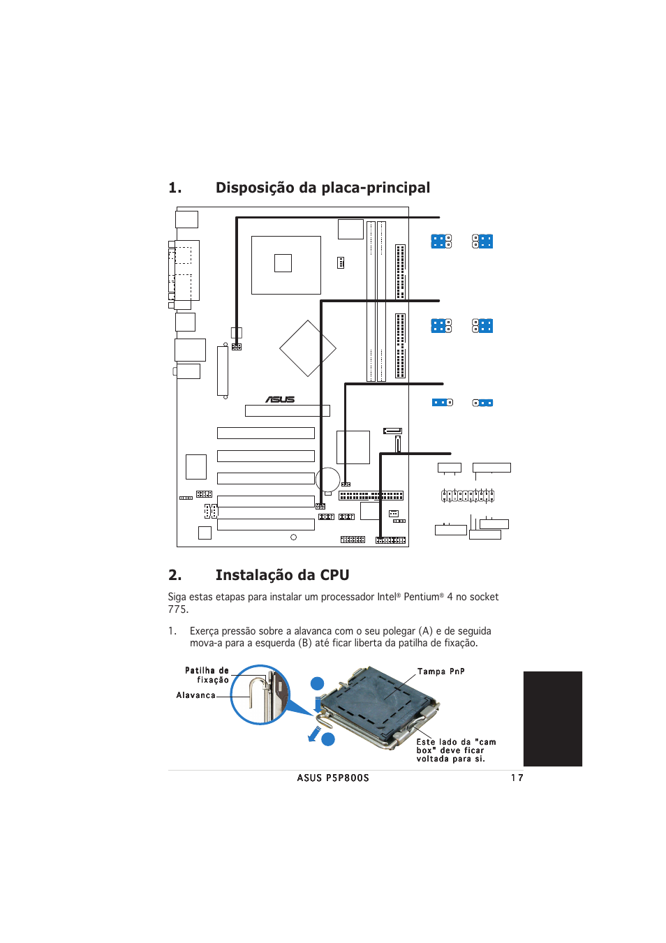 Instalação da cpu, Disposição da placa-principal, Portugu ê s | Pentium | Asus P5P800S User Manual | Page 17 / 20