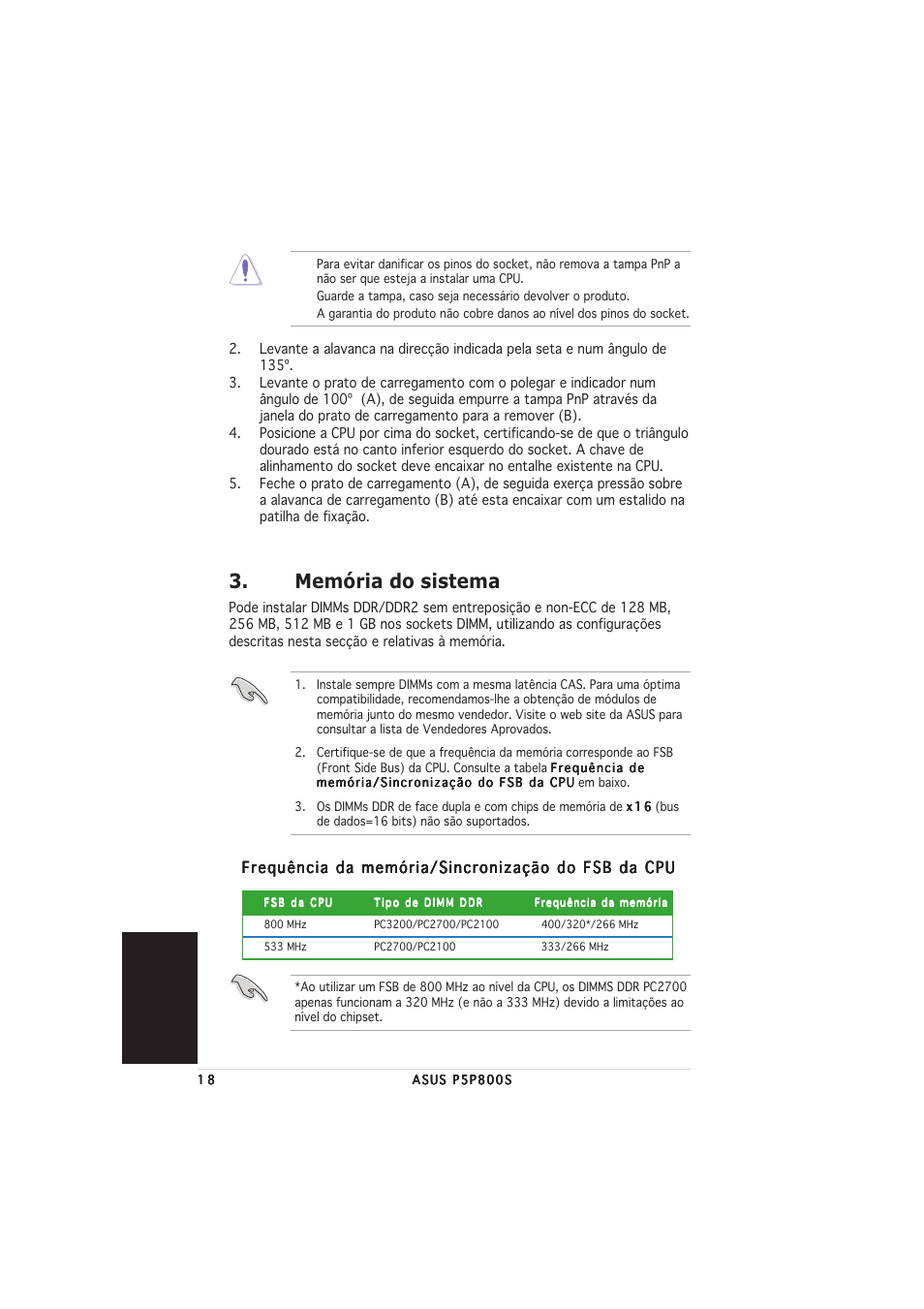 Memória do sistema, Portugu ê s | Asus P5P800S User Manual | Page 18 / 20