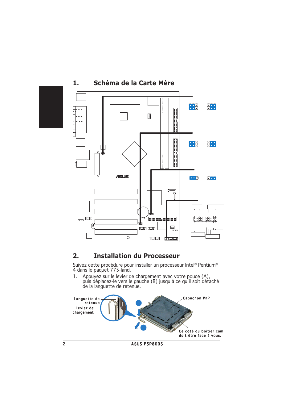 Installation du processeur, Schéma de la carte mère, Français | Pentium | Asus P5P800S User Manual | Page 2 / 20