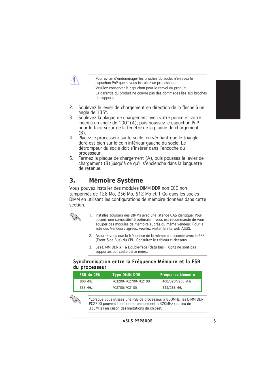 Mémoire système, Fran ç ais | Asus P5P800S User Manual | Page 3 / 20