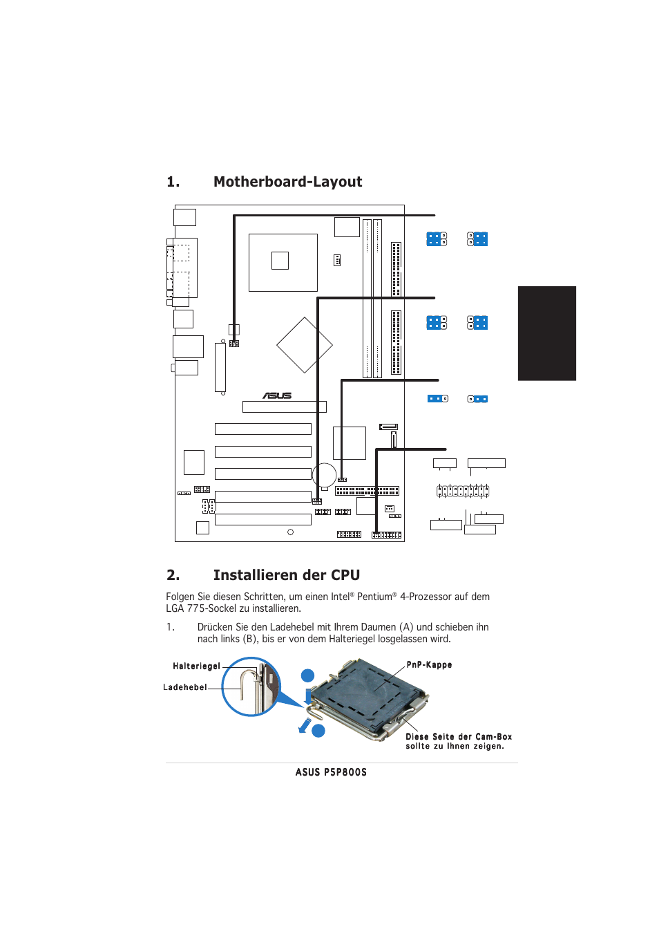 Installieren der cpu, Motherboard-layout, Deutsch | Folgen sie diesen schritten, um einen intel, Pentium | Asus P5P800S User Manual | Page 5 / 20