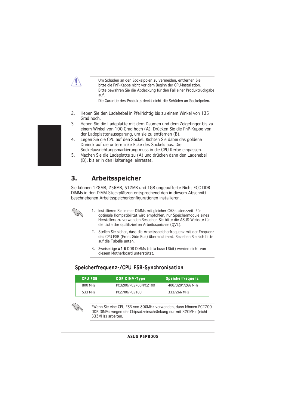 Arbeitsspeicher, Deutsch | Asus P5P800S User Manual | Page 6 / 20