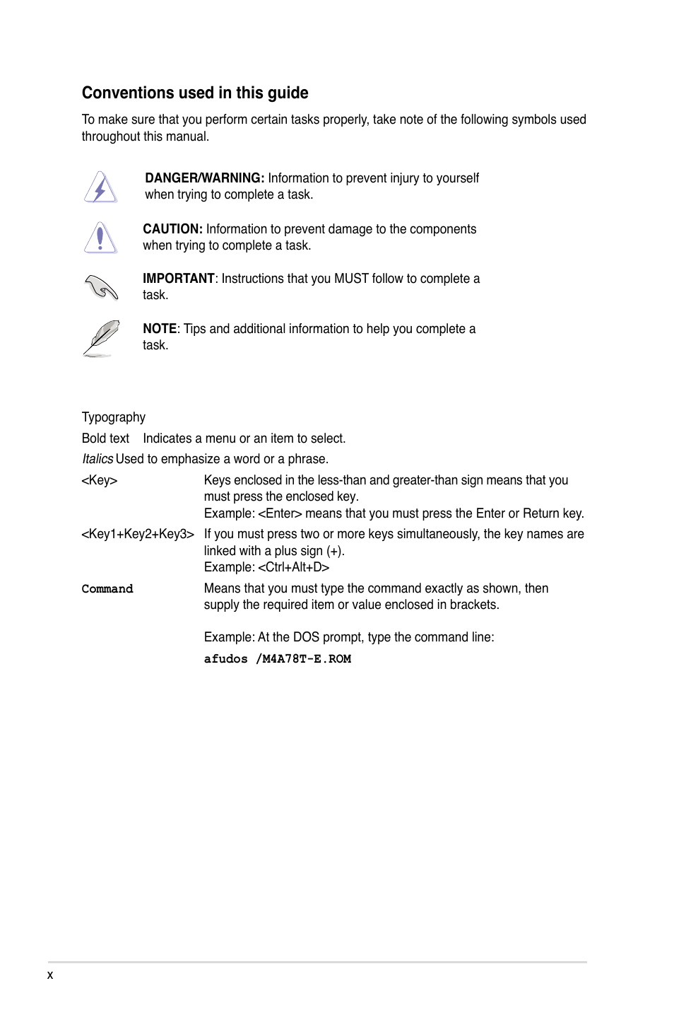 Conventions used in this guide | Asus M4A78T-E User Manual | Page 10 / 122