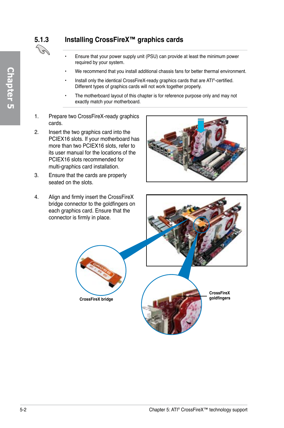 Chapter 5, 3 installing crossfirex™ graphics cards | Asus M4A78T-E User Manual | Page 116 / 122