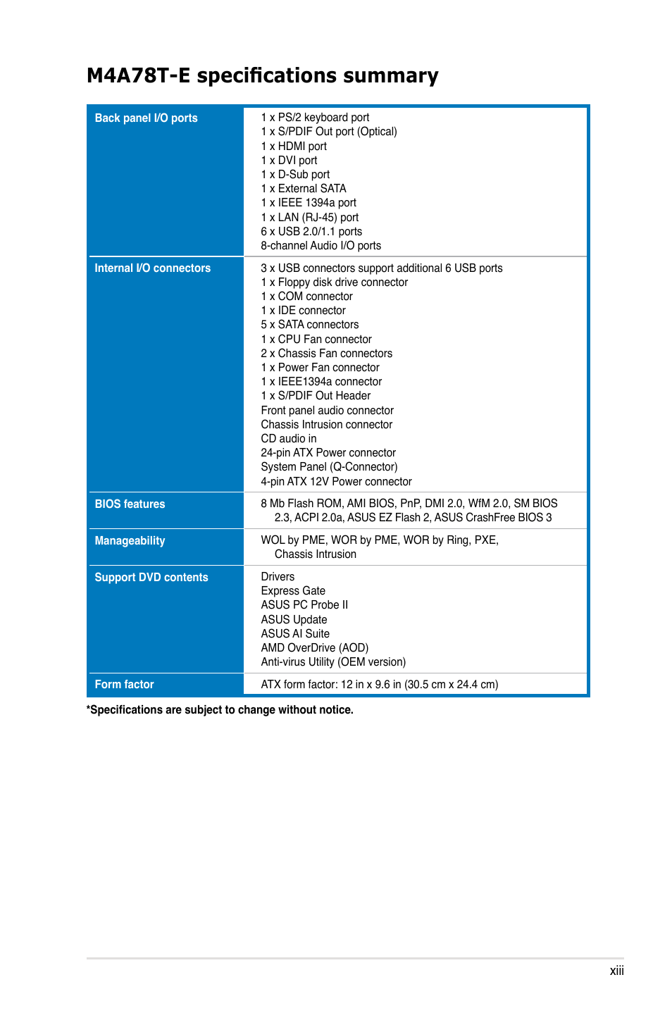 M4a78t-e specifications summary | Asus M4A78T-E User Manual | Page 13 / 122