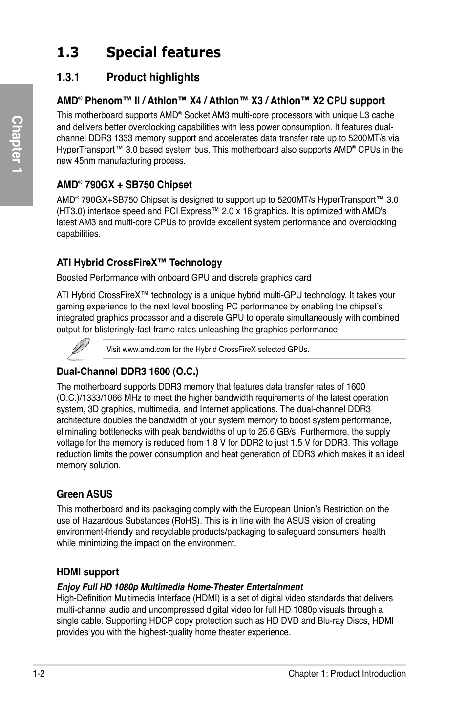 Chapter 1 1.3 special features, 1 product highlights | Asus M4A78T-E User Manual | Page 16 / 122