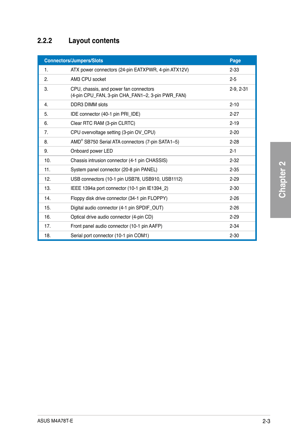 Chapter 2, 2 layout contents | Asus M4A78T-E User Manual | Page 23 / 122