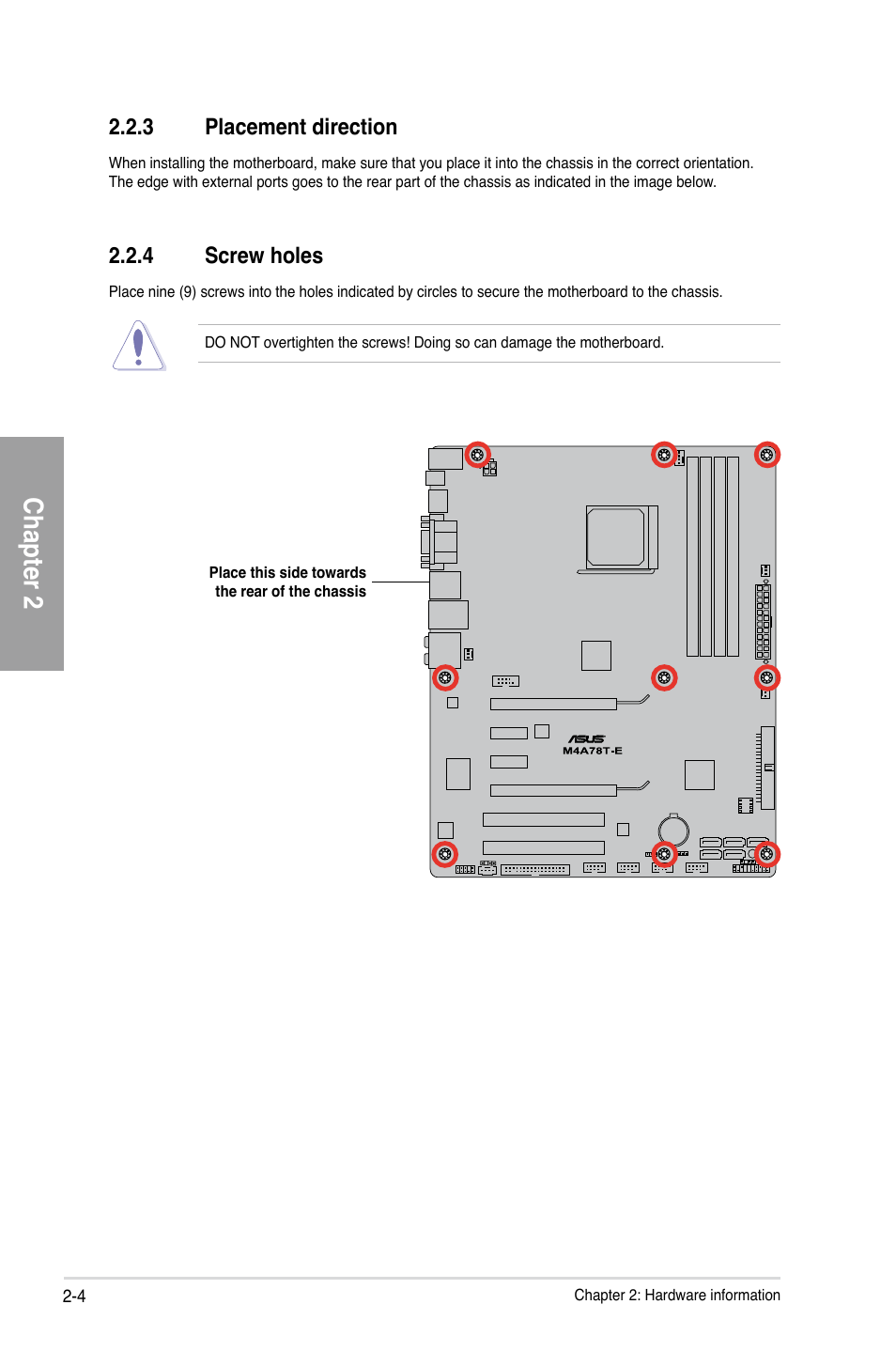 Chapter 2, 3 placement direction, 4 screw holes | Asus M4A78T-E User Manual | Page 24 / 122