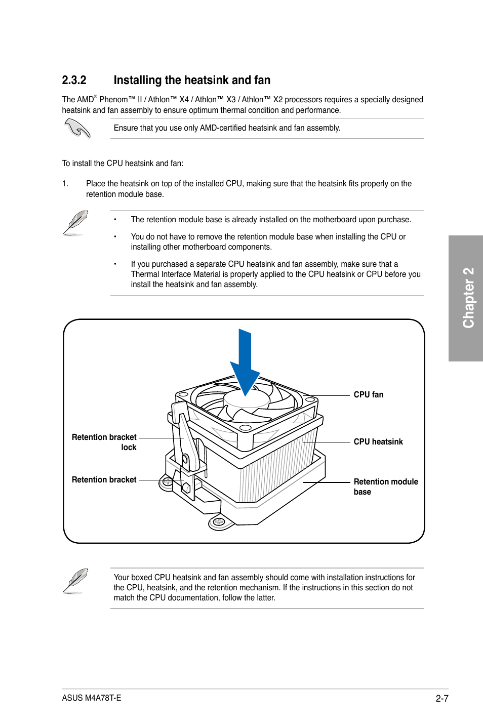 Chapter 2, 2 installing the heatsink and fan | Asus M4A78T-E User Manual | Page 27 / 122