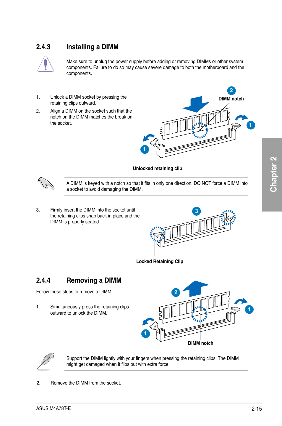 Chapter 2, 4 removing a dimm, 3 installing a dimm | Asus M4A78T-E User Manual | Page 35 / 122