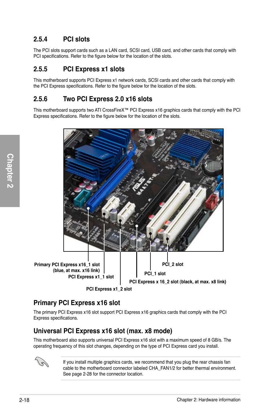 Chapter 2, 4 pci slots, 5 pci express x1 slots | Primary pci express x16 slot, Universal pci express x16 slot (max. x8 mode) | Asus M4A78T-E User Manual | Page 38 / 122