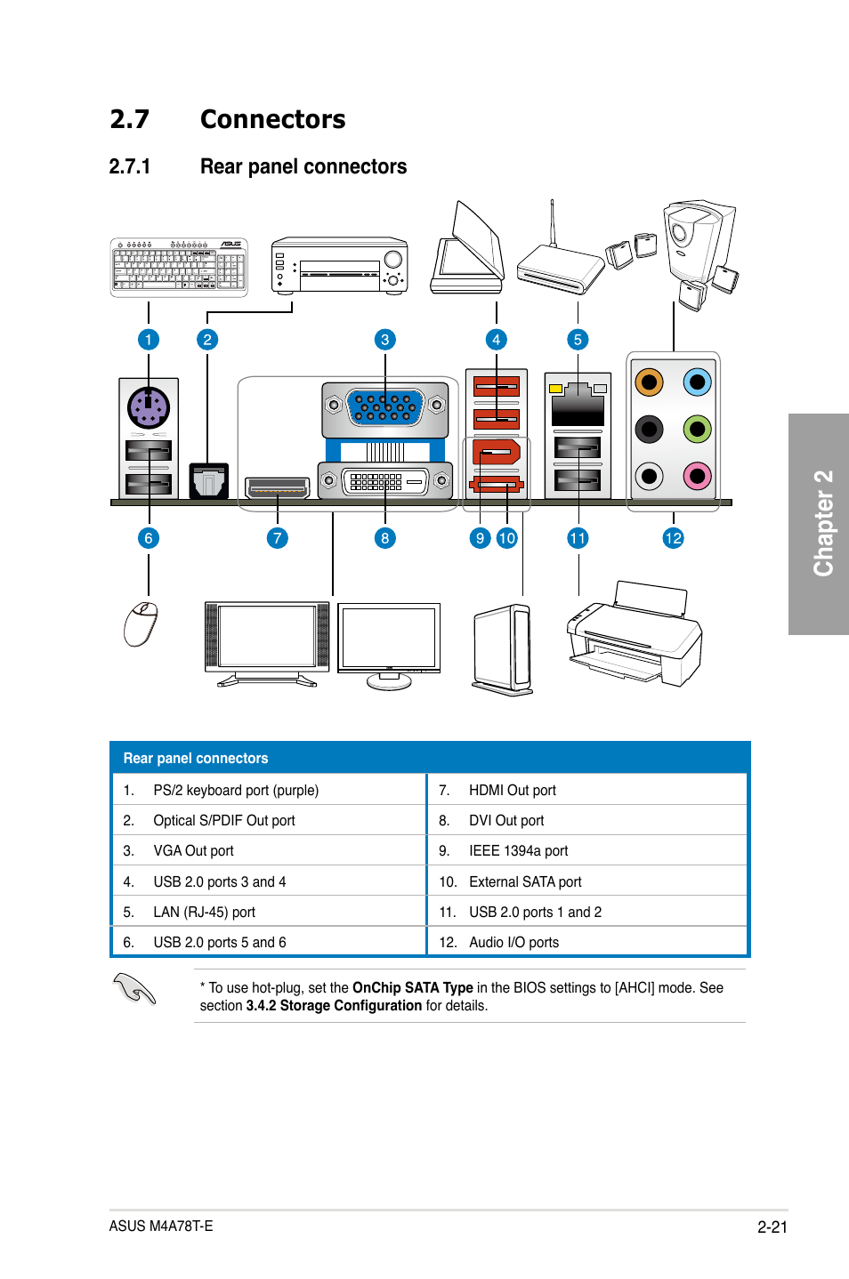 Chapter 2 2.7 connectors, 1 rear panel connectors | Asus M4A78T-E User Manual | Page 41 / 122