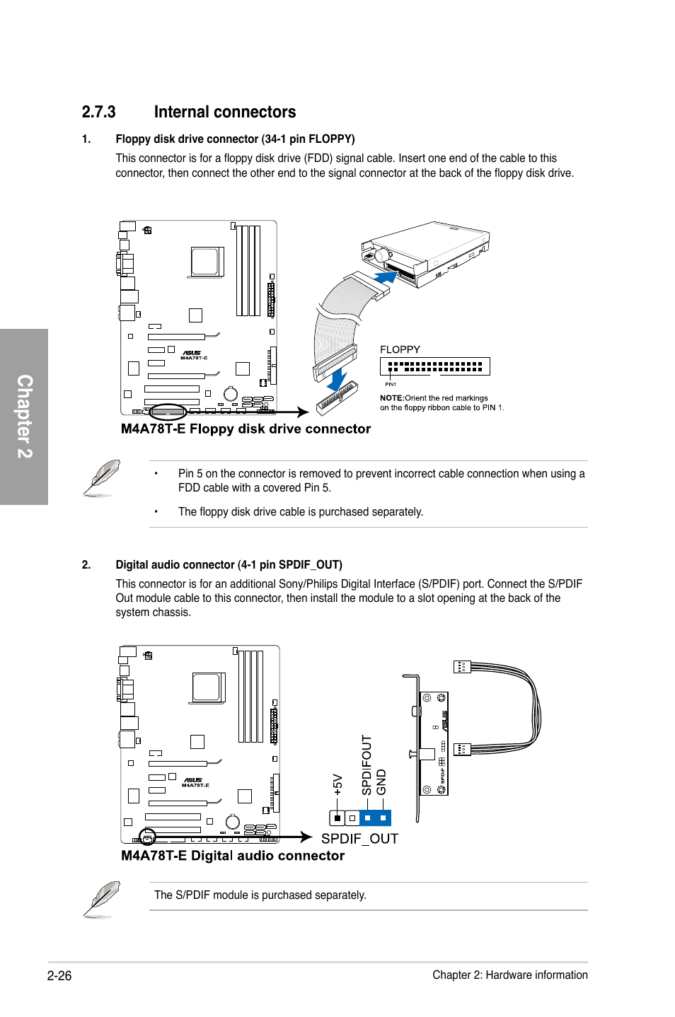 Chapter 2, 3 internal connectors | Asus M4A78T-E User Manual | Page 46 / 122