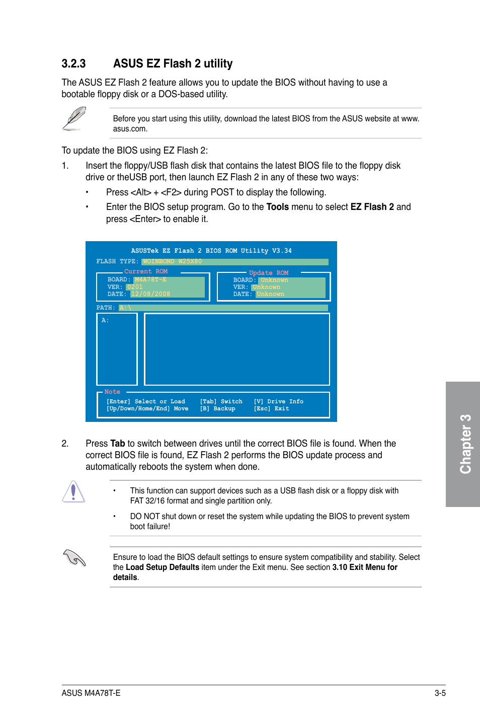 Chapter 3, 3 asus ez flash 2 utility | Asus M4A78T-E User Manual | Page 63 / 122