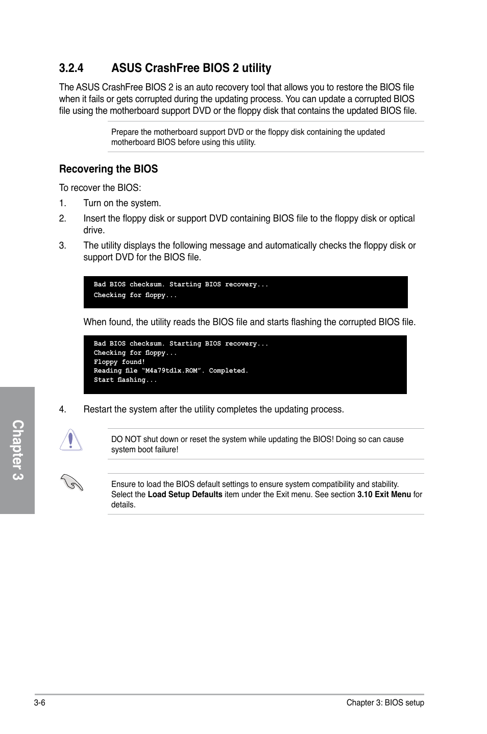 Chapter 3, 4 asus crashfree bios 2 utility | Asus M4A78T-E User Manual | Page 64 / 122