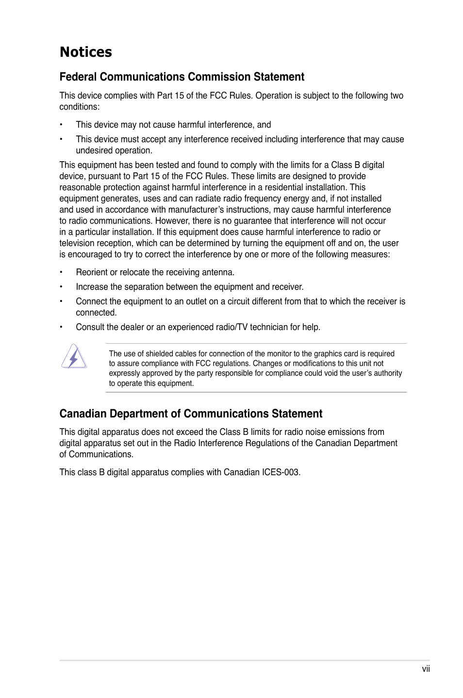 Notices, Federal communications commission statement, Canadian department of communications statement | Asus M4A78T-E User Manual | Page 7 / 122