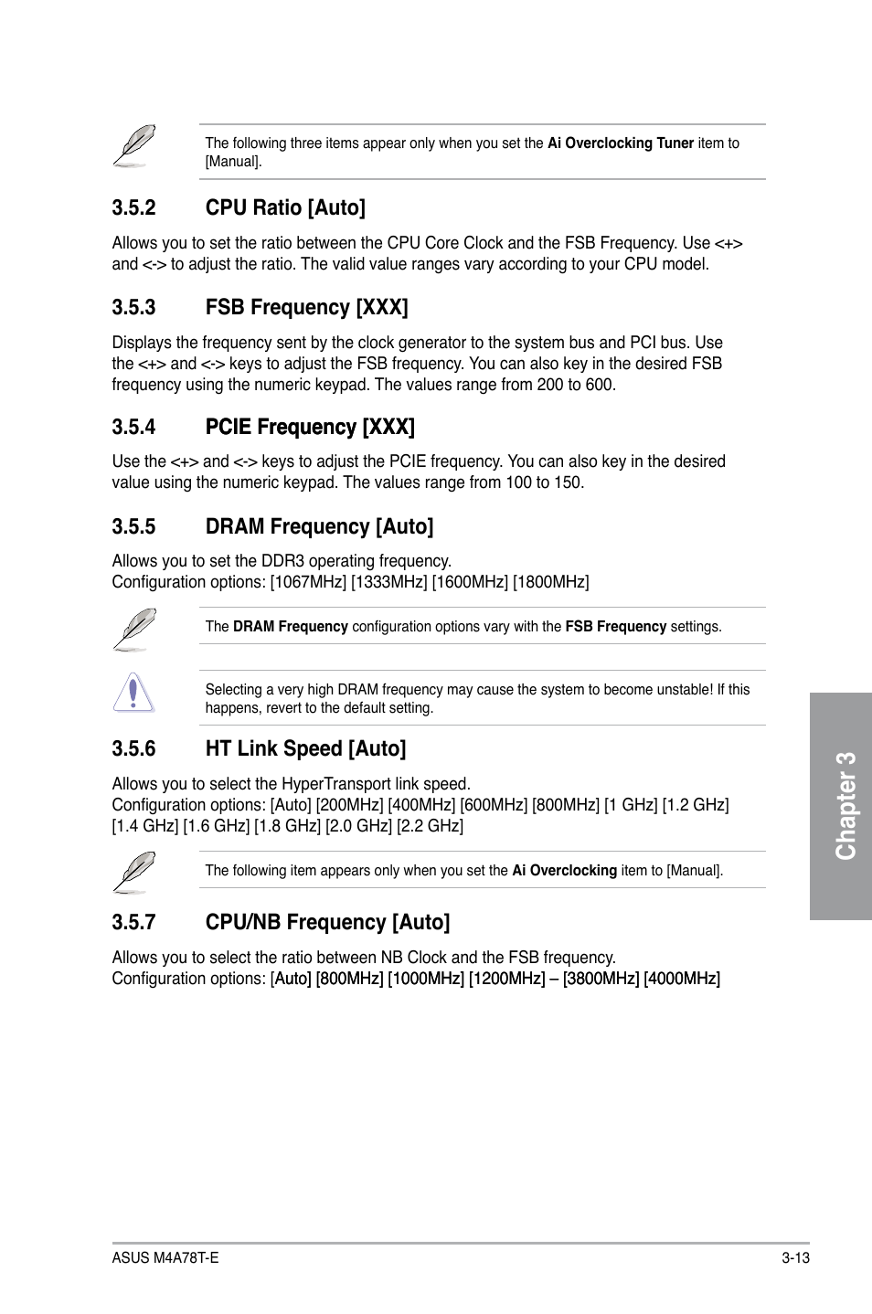 Chapter 3, 2 cpu ratio [auto, 3 fsb frequency [xxx | 4 pcie frequency [xxx] pcie frequency [xxx, 5 dram frequency [auto, 6 ht link speed [auto, 7 cpu/nb frequency [auto | Asus M4A78T-E User Manual | Page 71 / 122