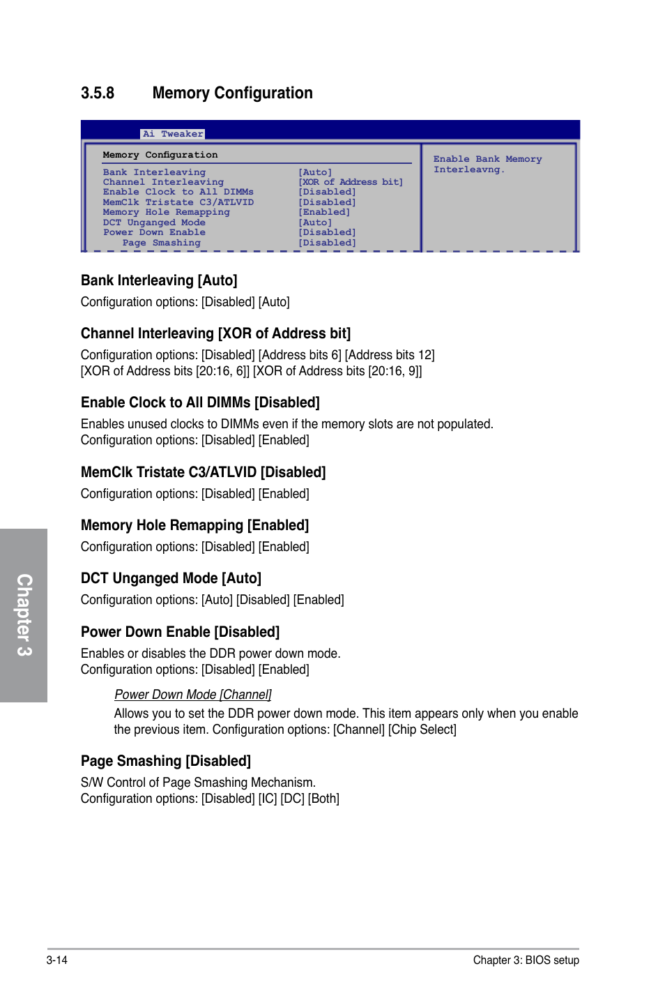 Chapter 3, Bank interleaving [auto, Channel interleaving [xor of address bit | Enable clock to all dimms [disabled, Memclk tristate c3/atlvid [disabled, Dct unganged mode [auto, Power down enable [disabled, Page smashing [disabled | Asus M4A78T-E User Manual | Page 72 / 122