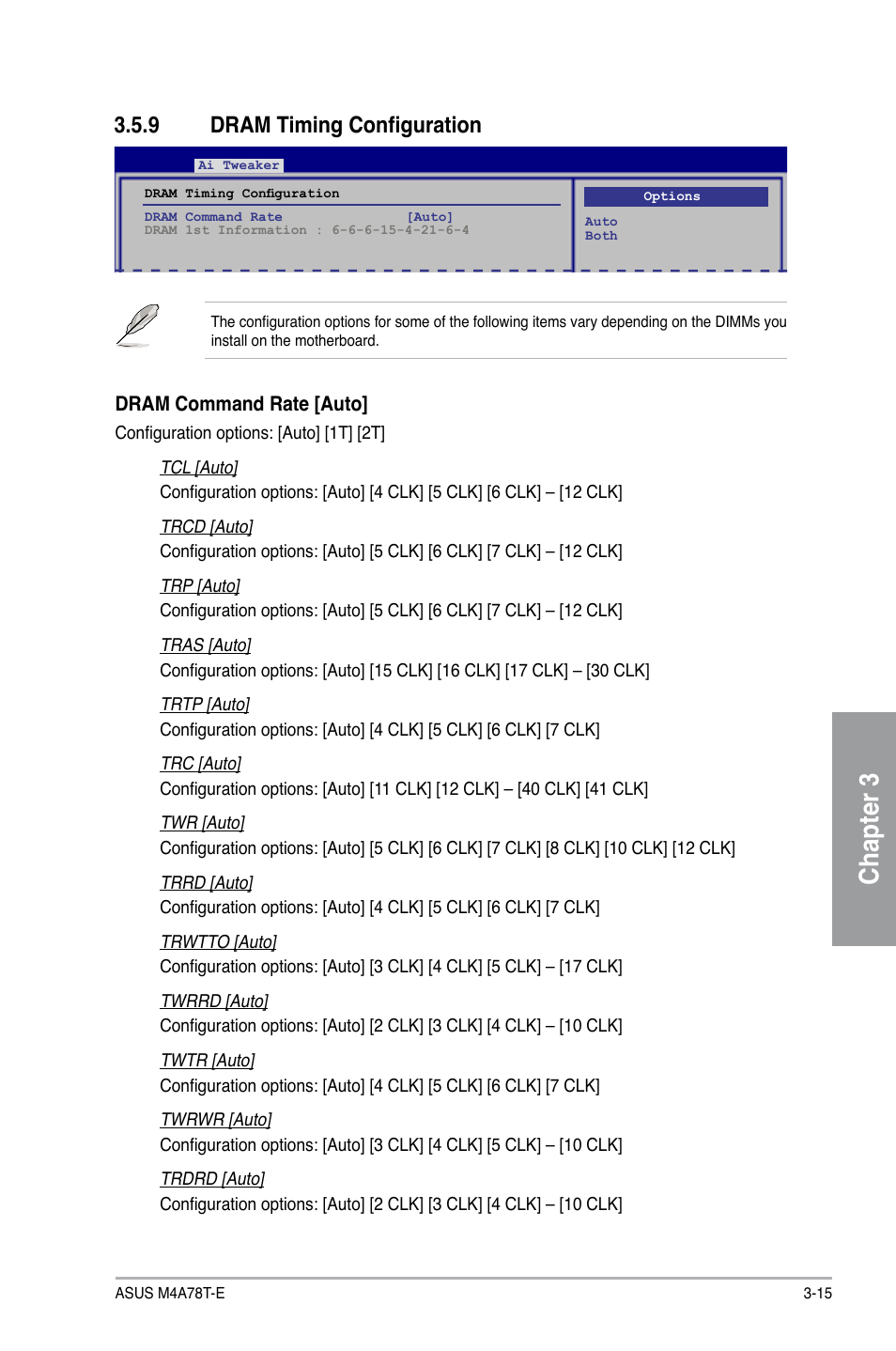 Chapter 3, 9 dram timing configuration | Asus M4A78T-E User Manual | Page 73 / 122