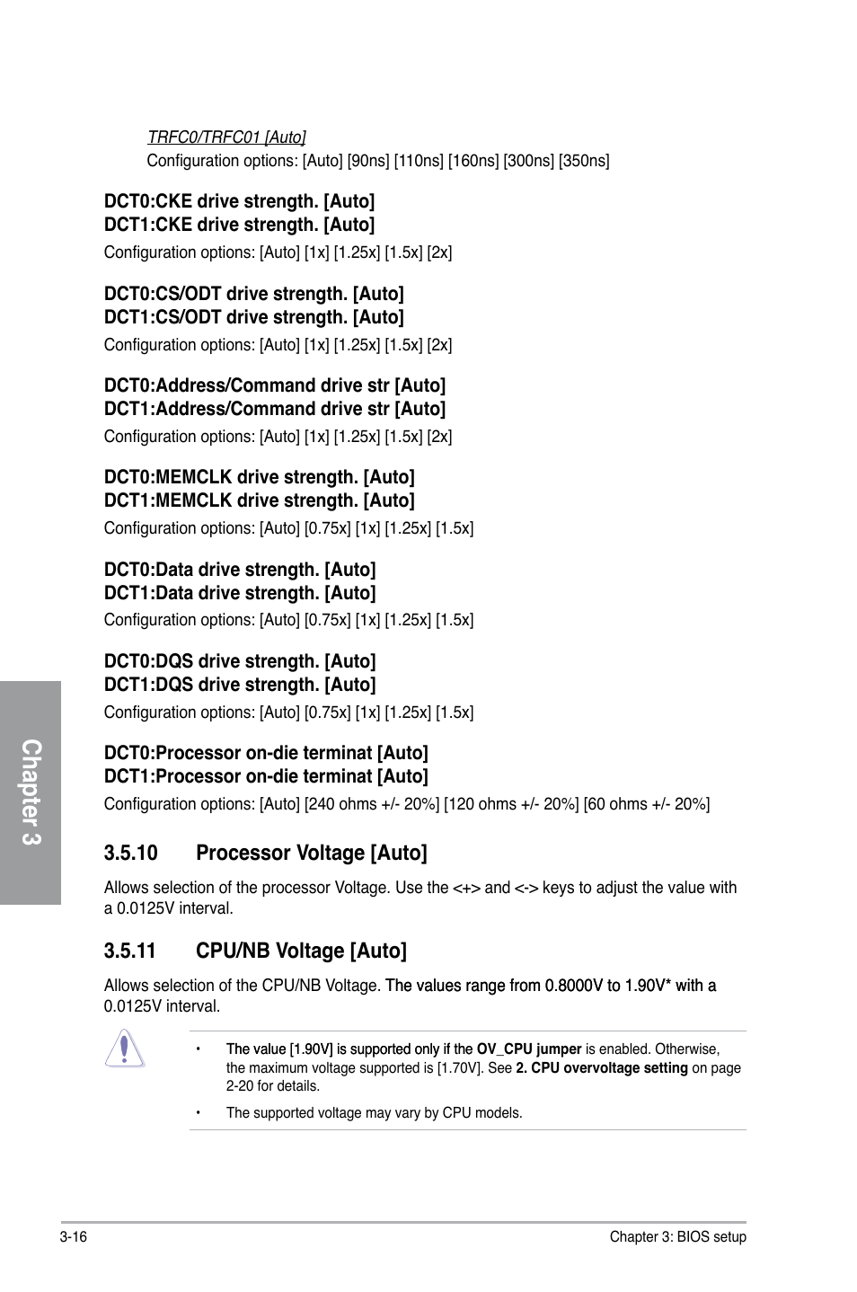Chapter 3, 10 processor voltage [auto, 11 cpu/nb voltage [auto | Asus M4A78T-E User Manual | Page 74 / 122