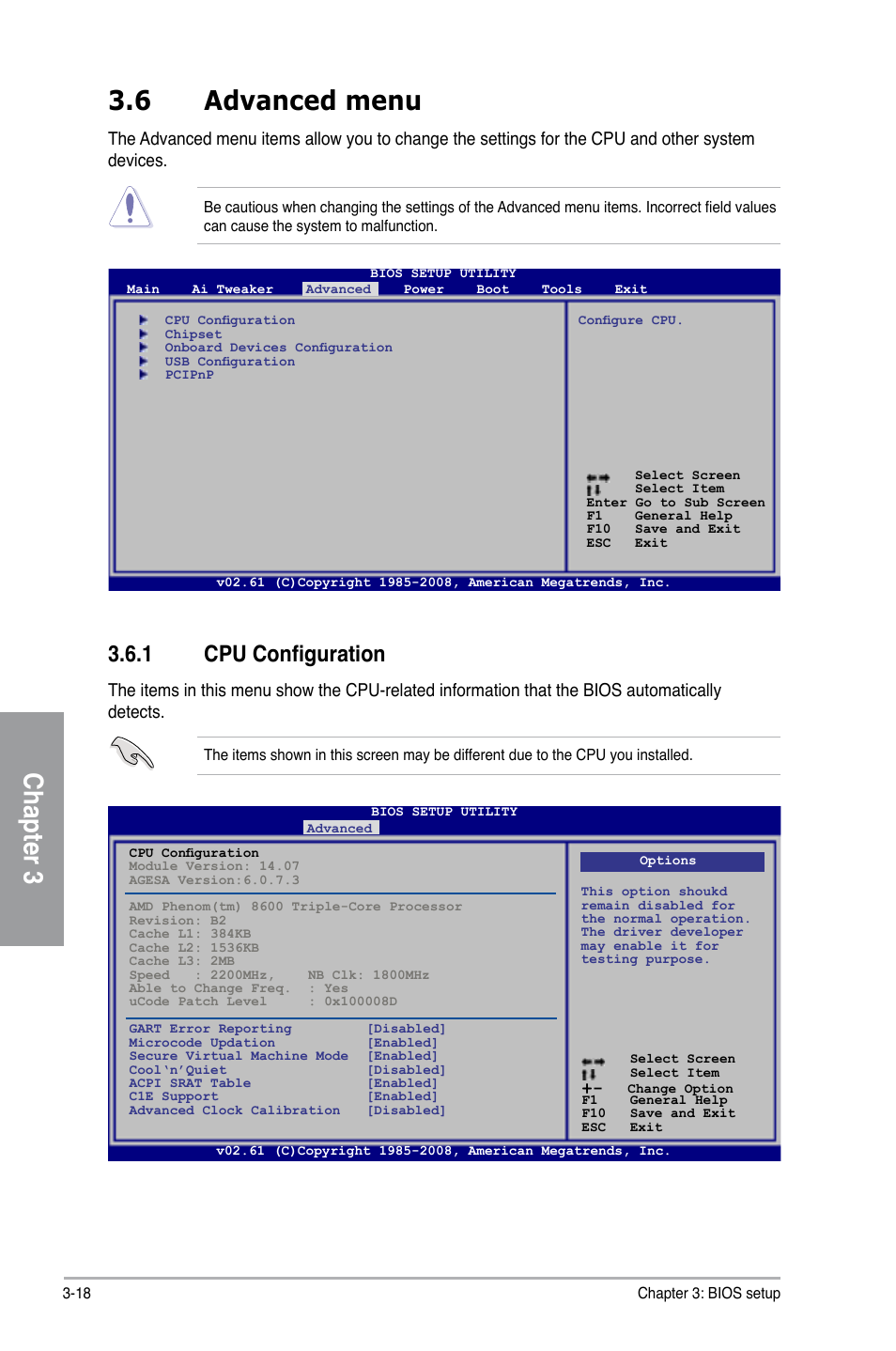 Chapter 3, 6 advanced menu, 1 cpu configuration | Asus M4A78T-E User Manual | Page 76 / 122