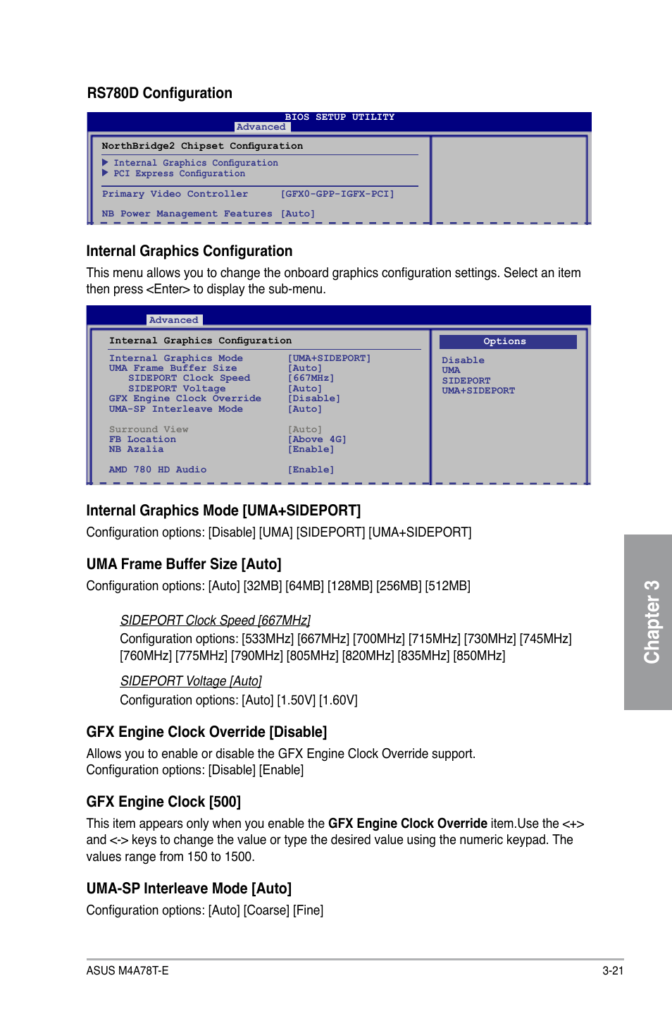 Chapter 3, Rs780d configuration, Internal graphics configuration | Internal graphics mode [uma+sideport, Uma frame buffer size [auto, Gfx engine clock override [disable, Gfx engine clock [500, Uma-sp interleave mode [auto | Asus M4A78T-E User Manual | Page 79 / 122