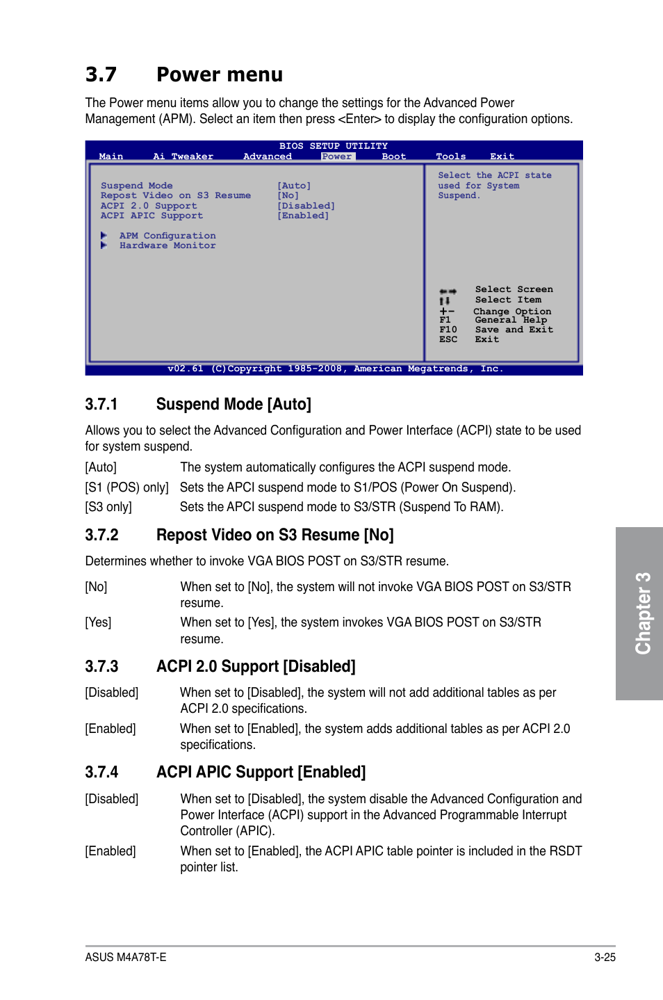 Chapter 3 3.7 power menu, 1 suspend mode [auto, 2 repost video on s3 resume [no | 3 acpi 2.0 support [disabled, 4 acpi apic support [enabled | Asus M4A78T-E User Manual | Page 83 / 122