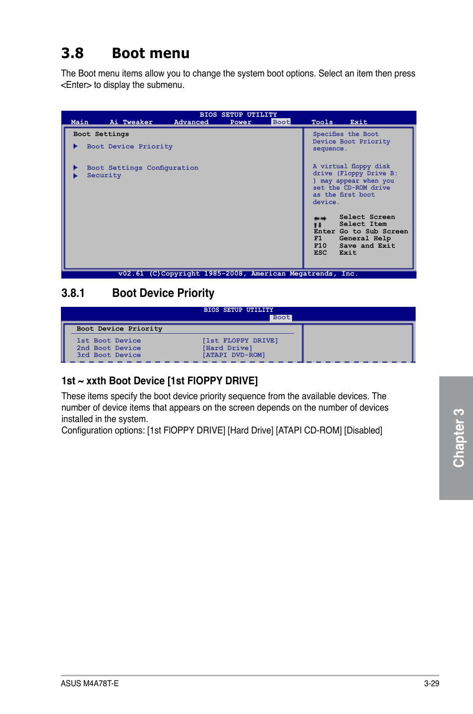 Chapter 3 3.8 boot menu, 1 boot device priority, 1st ~ xxth boot device [1st floppy drive | Asus M4A78T-E User Manual | Page 87 / 122